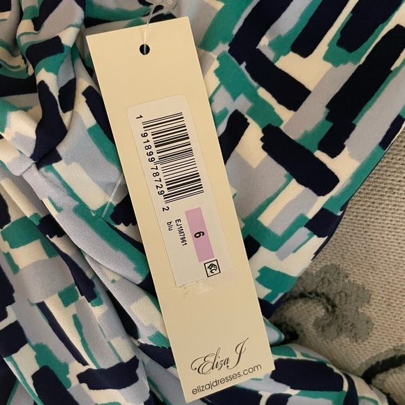 Eliza J NWT Abstract Print Long Sleeve Ruched Sheath Midi Dress Blue Teal Gray - Picture 8 of 8